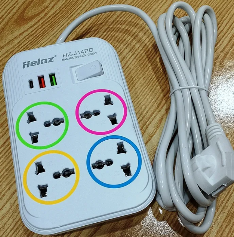 Techmanistan Multipurposed Charging Extension 2 Meter Cable 4 Universal Sockets Wired Cord With 3 USB Ports