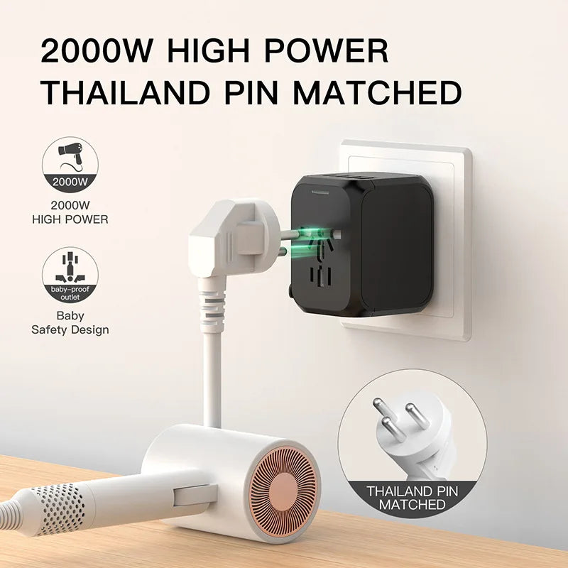 International Travel Adapter with 2 USB and 2 Type-C Interface Power Adapters for Fast Charging EU/UK/US/Australia Travel Plugs