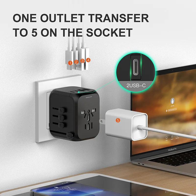 International Travel Adapter with 2 USB and 2 Type-C Interface Power Adapters for Fast Charging EU/UK/US/Australia Travel Plugs