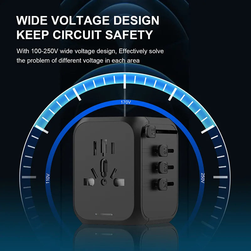 International Travel Adapter with 2 USB and 2 Type-C Interface Power Adapters for Fast Charging EU/UK/US/Australia Travel Plugs