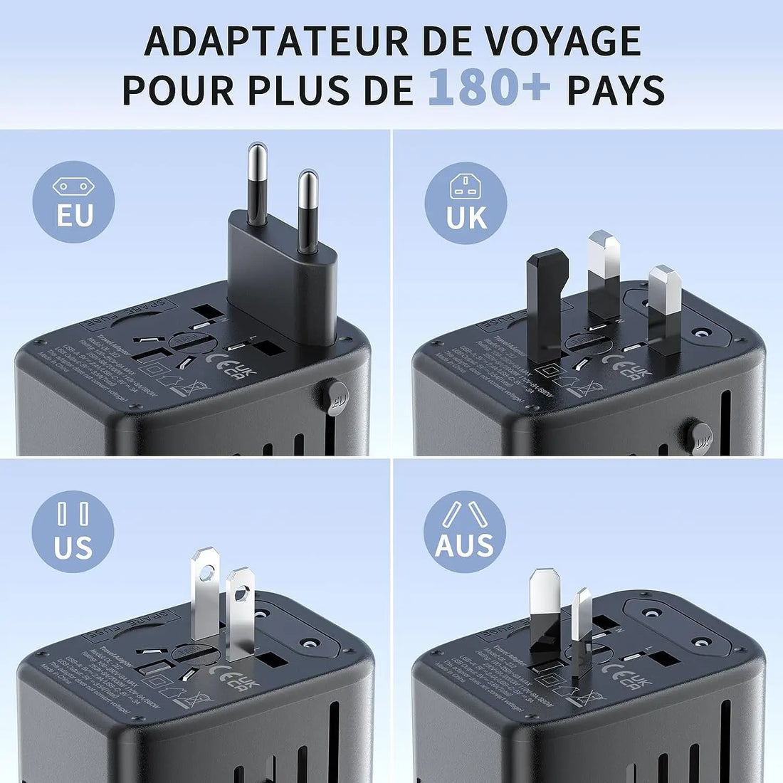 Universal Travel Adapter All-in-one Travel Charger with 2 USB Ports and 2 Type C Wall Charger for US EU UK AUS Travel Worldwide