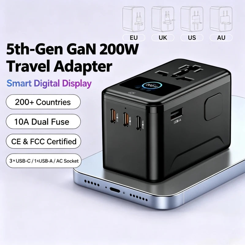 Travel Adapter 200W Digital Display Animation Fast Charging Conversion Socket Universal Plug For Global Travel Trip Use