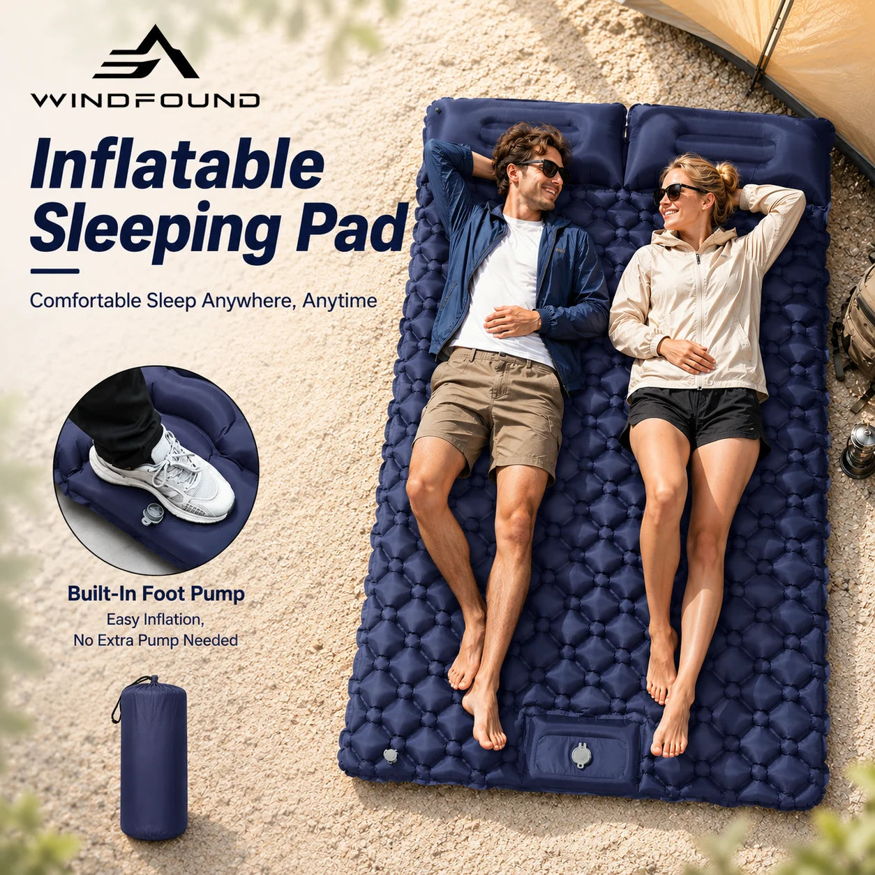 Outdoor Camping Double Inflatable Mattress Built-in Pump Moisture Resistant Comfortable Portable Foldable Travel Air Mattress