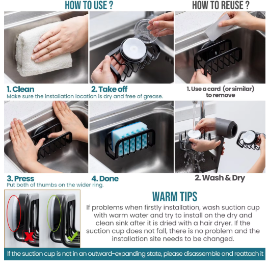 Sponge Holder for Kitchen Sink Organizer with Suction Cup Rustproof Sink Sponge Stand Removable Kitchen Sponge Holder