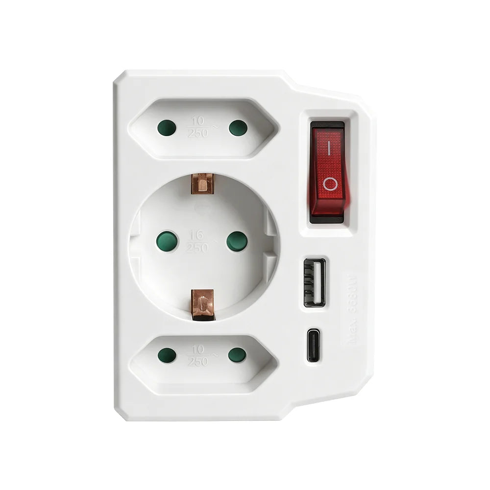 Travel Charging Adapter: 1 to 2/3 Outlet EU Power Converter with Switch, Type C to Schuko Socket, 16A 250V for Home & Travel Use