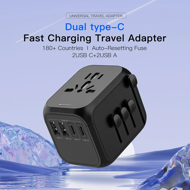 International Travel Adapter with 2 USB and 2 Type-C Interface Power Adapters for Fast Charging EU/UK/US/Australia Travel Plugs